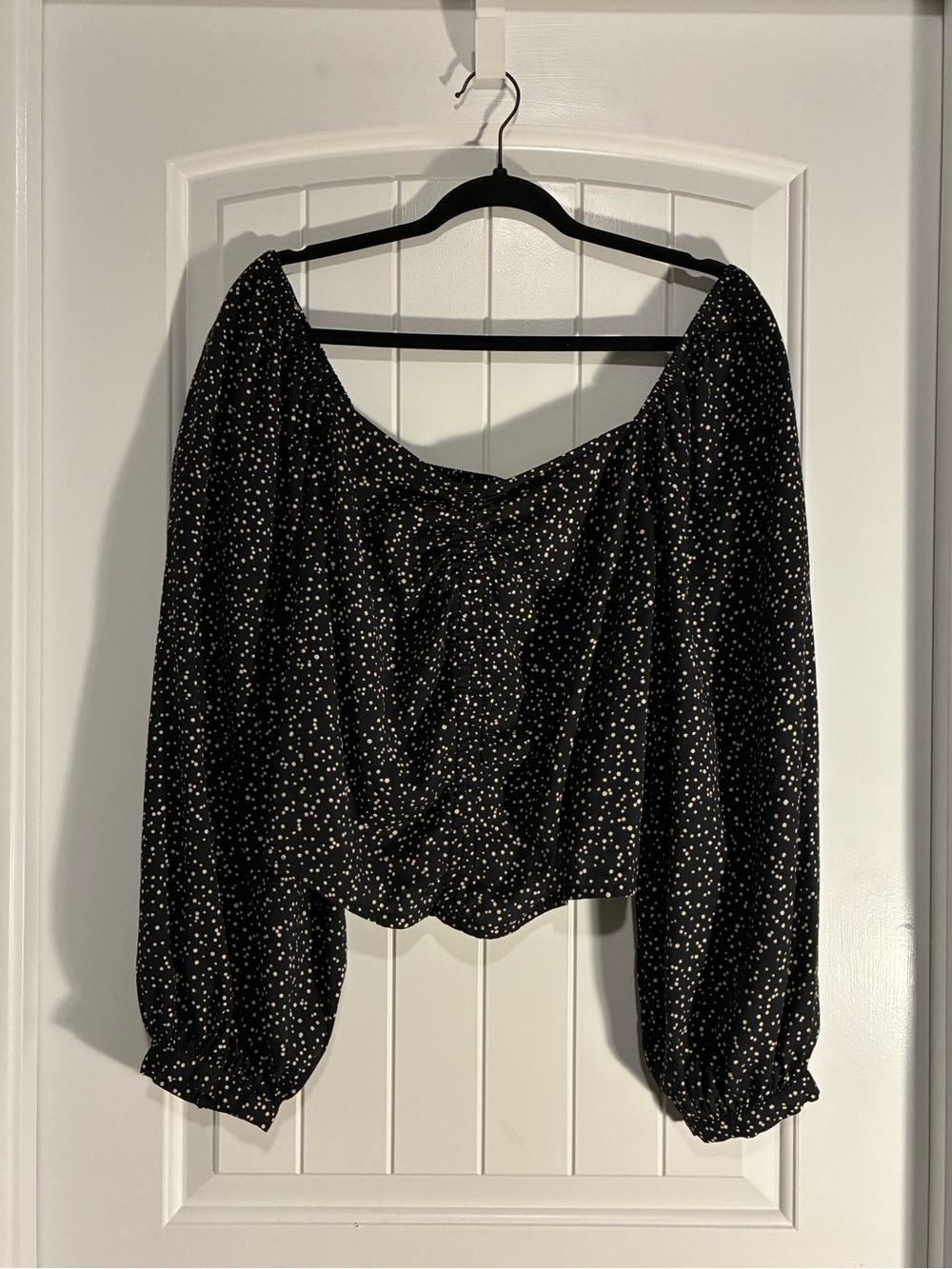 Womens Black Long Sleeve Smocked Waist Blouse with Dotted Print